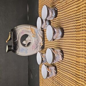 Vintage Dragonware Moriage Japanese Black Porcelain Whistling Sake Set Decanter